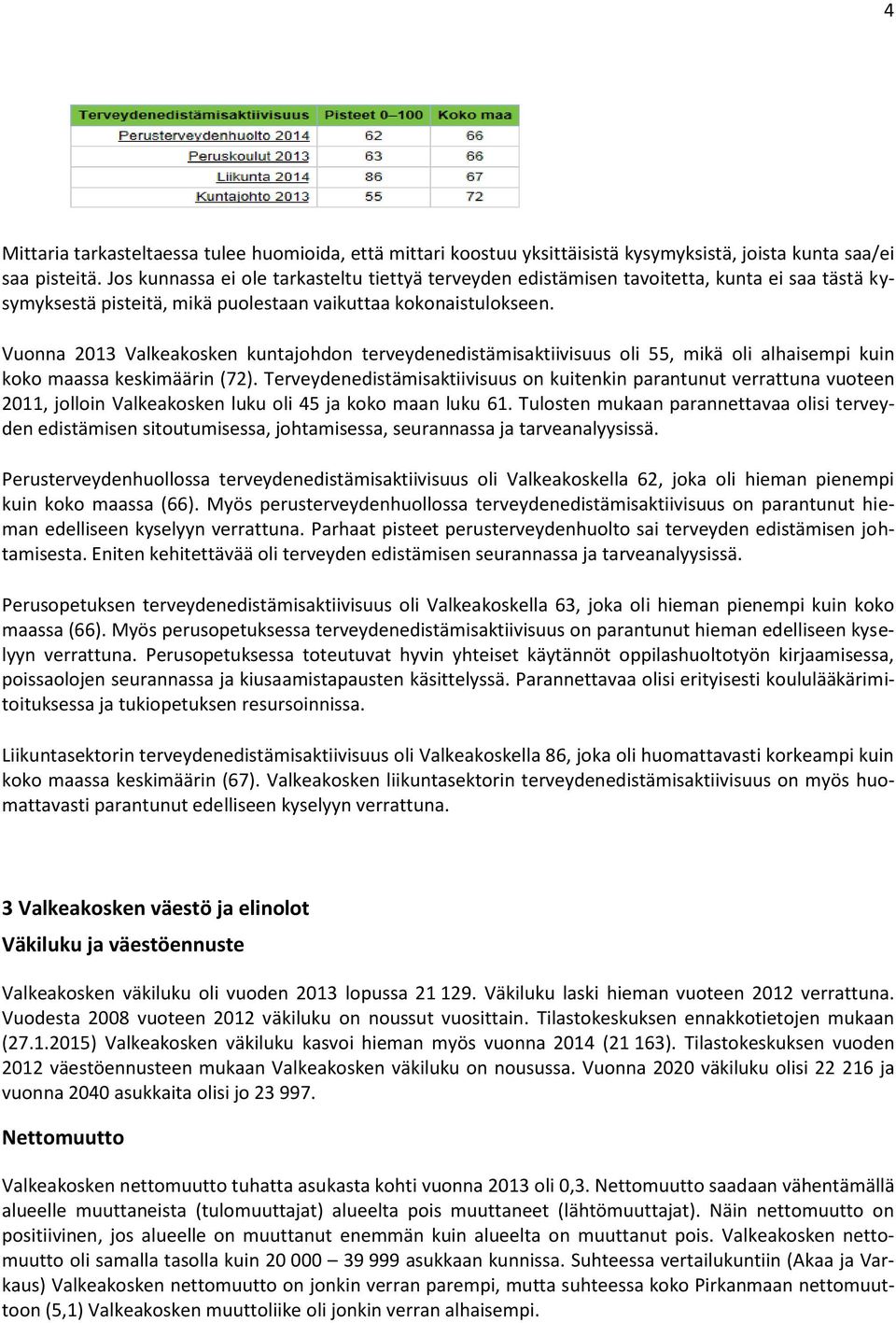 Vuonna 2013 Valkeakosken kuntajohdon terveydenedistämisaktiivisuus oli 55, mikä oli alhaisempi kuin koko maassa keskimäärin (72).