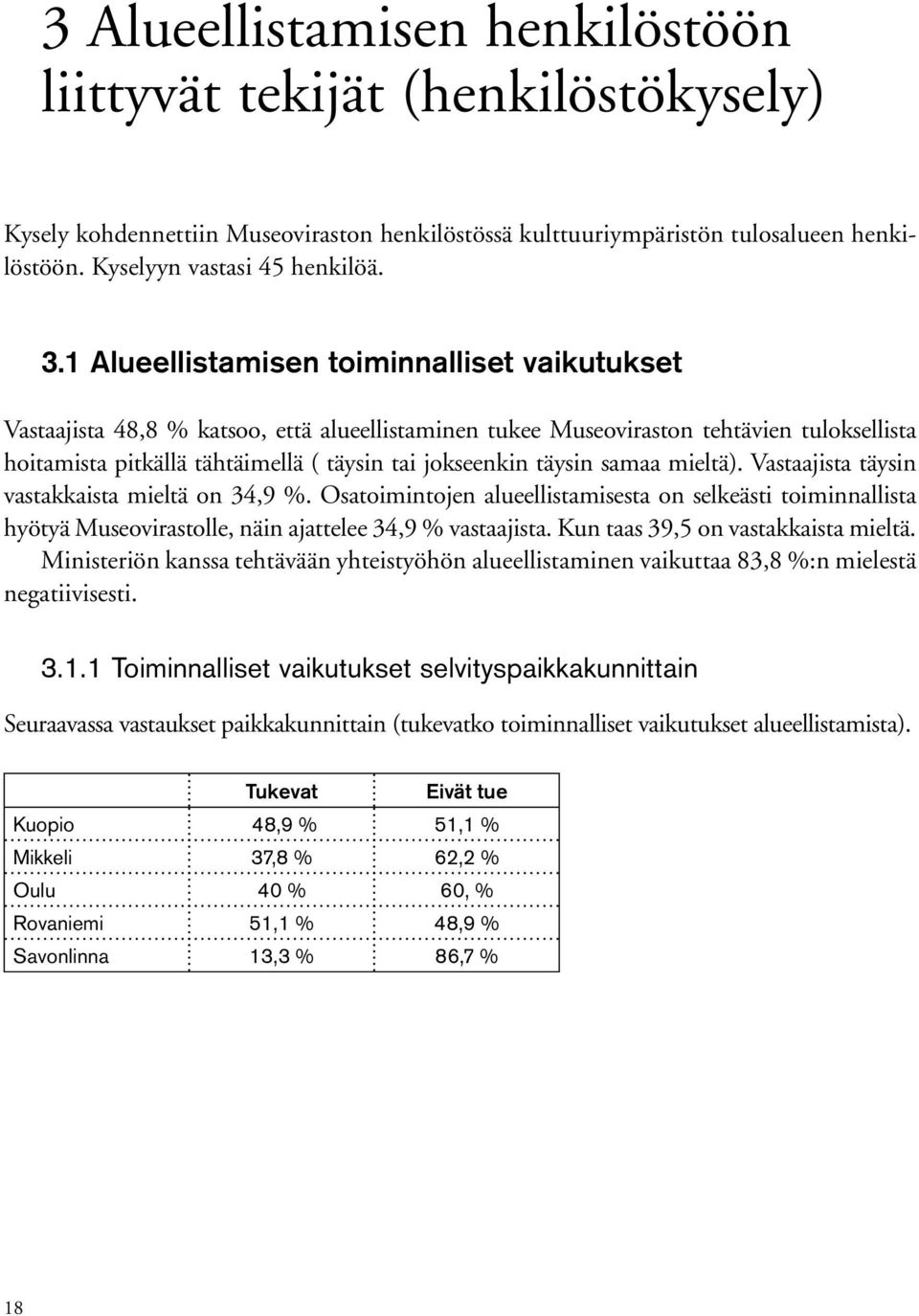 täysin samaa mieltä). Vastaajista täysin vastakkaista mieltä on 34,9 %. Osatoimintojen alueellistamisesta on selkeästi toiminnallista hyötyä Museovirastolle, näin ajattelee 34,9 % vastaajista.