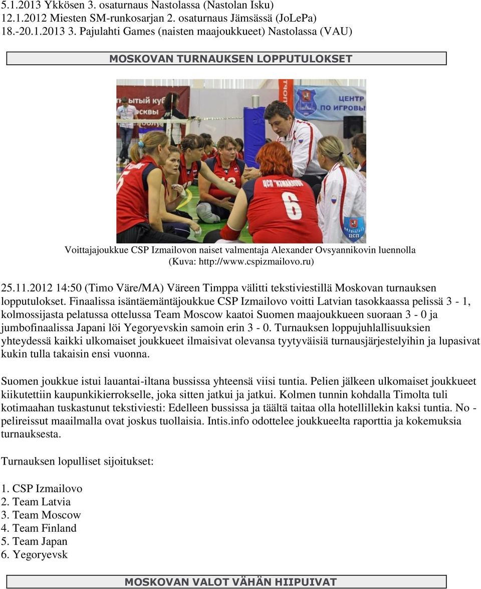 cspizmailovo.ru) 25.11.2012 14:50 (Timo Väre/MA) Väreen Timppa välitti tekstiviestillä Moskovan turnauksen lopputulokset.