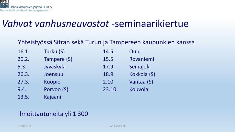 3. Kuopio 9.4. Porvoo (S) 13.5. Kajaani 14.5. Oulu 15.5. Rovaniemi 17.9. Seinäjoki 18.
