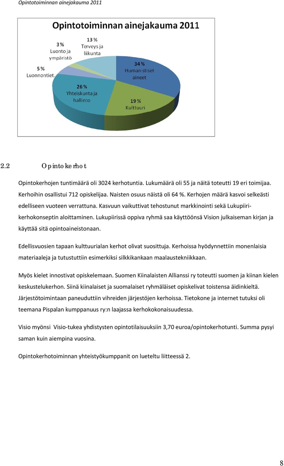 Lukupiirissä oppiva ryhmä saa käyttöönsä Vision julkaiseman kirjan ja käyttää sitä opintoaineistonaan. Edellisvuosien tapaan kulttuurialan kerhot olivat suosittuja.