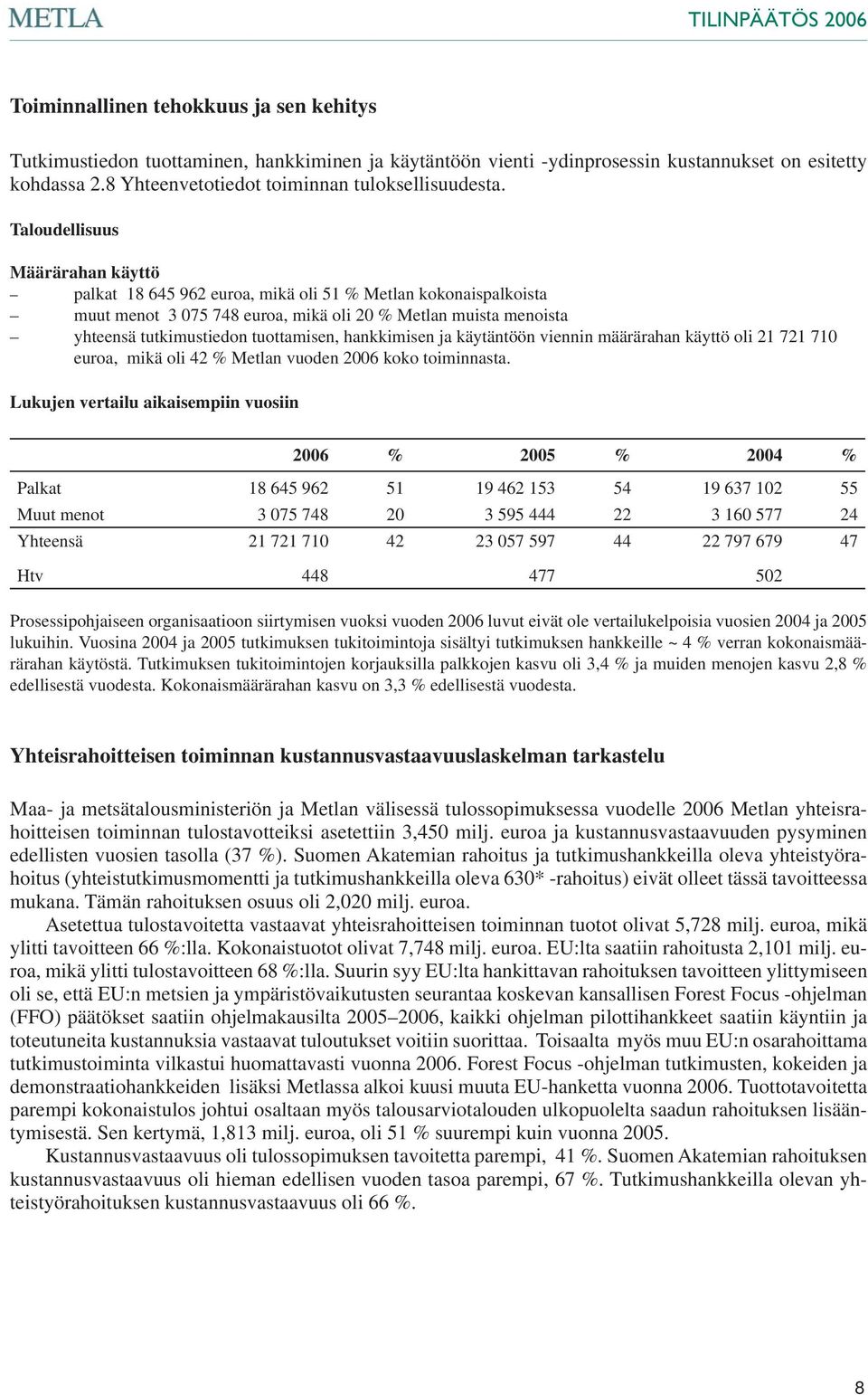 hankkimisen ja käytäntöön viennin määrärahan käyttö oli 21 721 710 euroa, mikä oli 42 % Metlan vuoden 2006 koko toiminnasta.