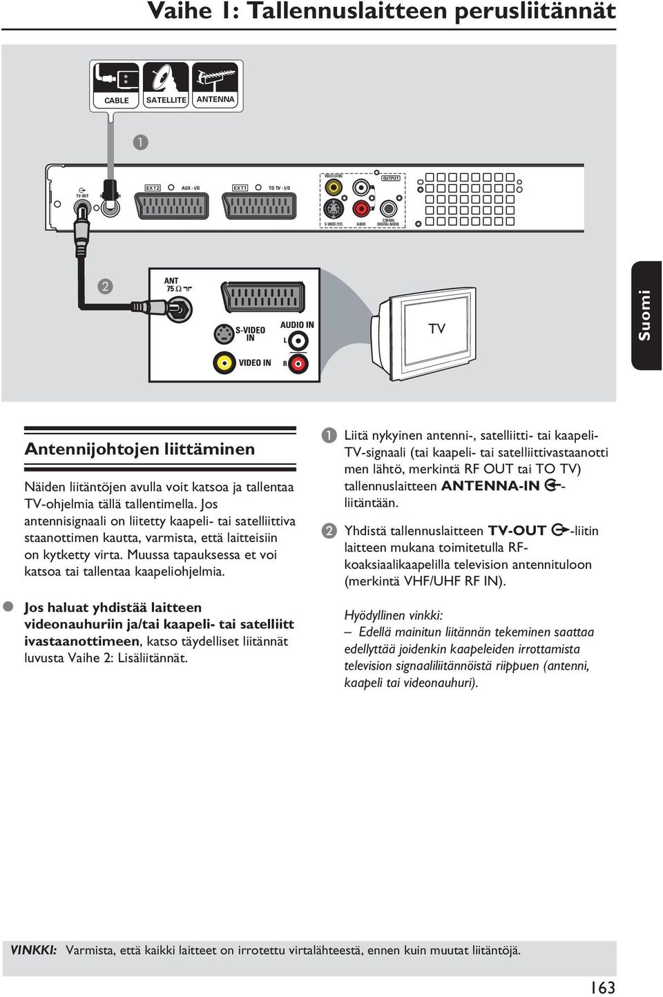 Jos antennisignaali on liitetty kaapeli- tai satelliittiva staanottimen kautta, varmista, että laitteisiin on kytketty virta. Muussa tapauksessa et voi katsoa tai tallentaa kaapeliohjelmia.