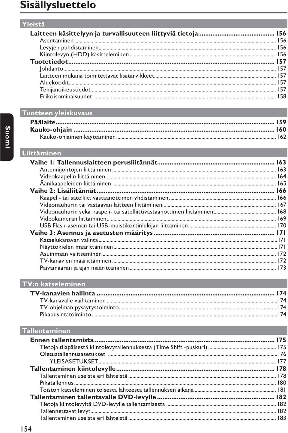 .. 160 Kauko-ohjaimen käyttäminen... 162 Liittäminen Vaihe 1: Tallennuslaitteen perusliitännät... 163 Antennijohtojen liittäminen... 163 Videokaapelin liittäminen... 164 Äänikaapeleiden liittäminen.