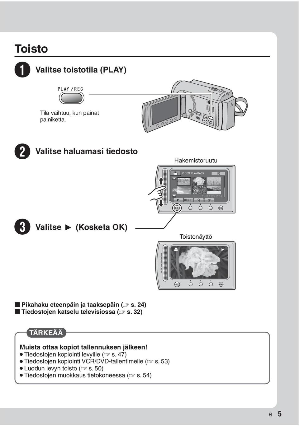 (Z s. 24) Tiedostojen katselu televisiossa (Z s. 32) TÄRKEÄÄ Muista ottaa kopiot tallennuksen jälkeen!