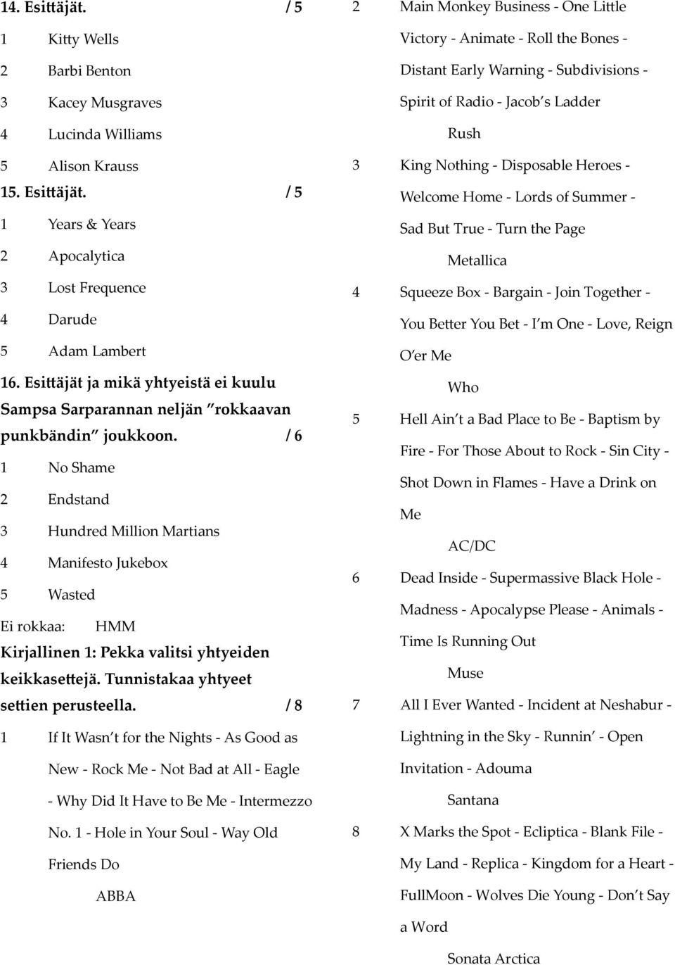 / 6 1 No Shame 2 Endstand 3 Hundred Million Martians 4 Manifesto Jukebox 5 Wasted Ei rokkaa: HMM Kirjallinen 1: Pekka valitsi yhtyeiden keikkase ejä. Tunnistakaa yhtyeet se ien perusteella.