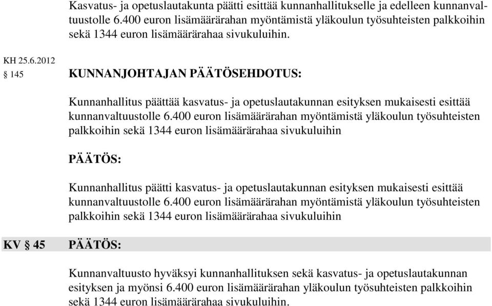 2012 145 KUNNANJOHTAJAN PÄÄTÖSEHDOTUS: Kunnanhallitus päättää kasvatus- ja opetuslautakunnan esityksen mukaisesti esittää kunnanvaltuustolle 6.