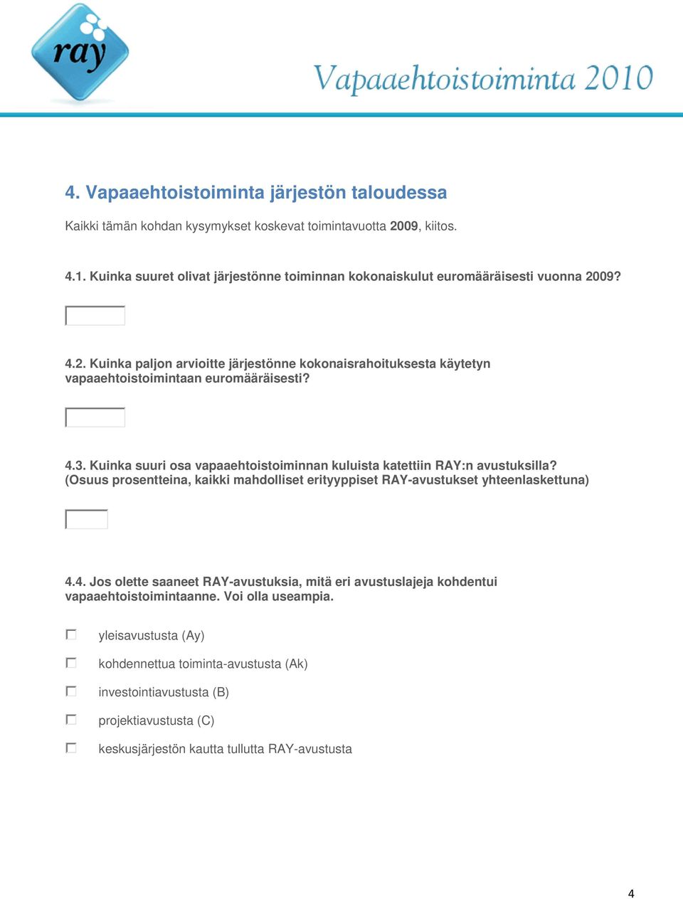 4.3. Kuinka suuri osa vapaaehtoistoiminnan kuluista katettiin RAY:n avustuksilla? (Osuus prosentteina, kaikki mahdolliset erityyppiset RAY-avustukset yhteenlaskettuna) 4.4. Jos olette saaneet RAY-avustuksia, mitä eri avustuslajeja kohdentui vapaaehtoistoimintaanne.