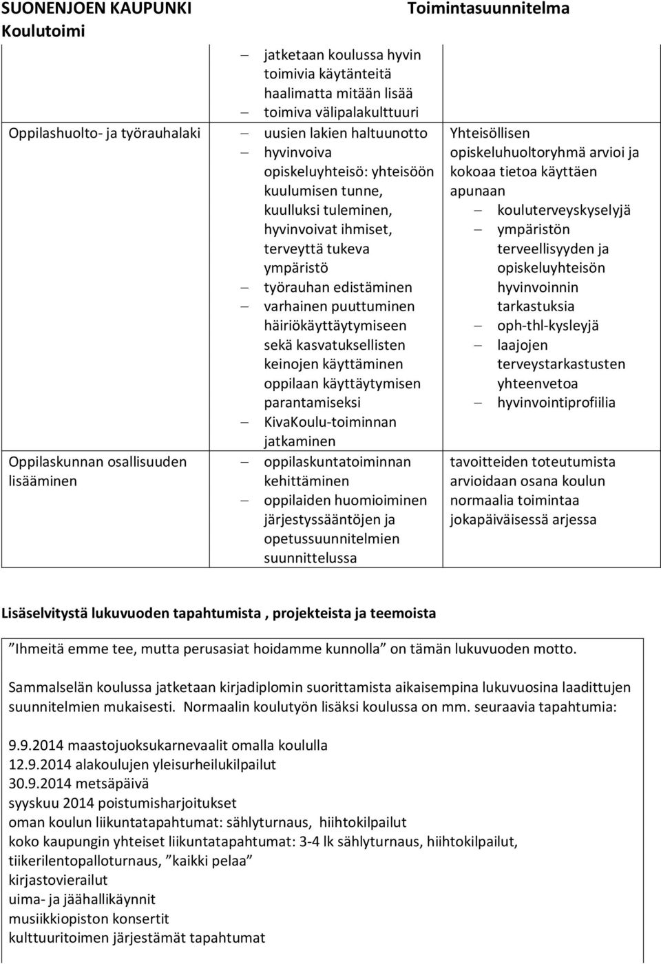 kasvatuksellisten keinojen käyttäminen oppilaan käyttäytymisen parantamiseksi KivaKoulu-toiminnan jatkaminen oppilaskuntatoiminnan kehittäminen oppilaiden huomioiminen järjestyssääntöjen ja