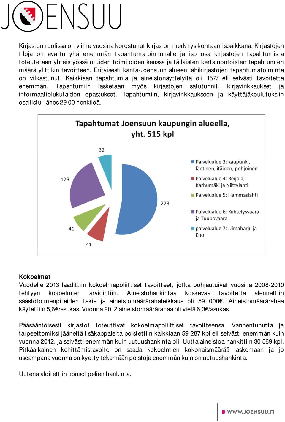 ylittikin tavoitteen. Erityisesti kanta-joensuun alueen lähikirjastojen tapahtumatoiminta on vilkastunut. Kaikkiaan tapahtumia ja aineistonäyttelyitä oli 1577 eli selvästi tavoitetta enemmän.