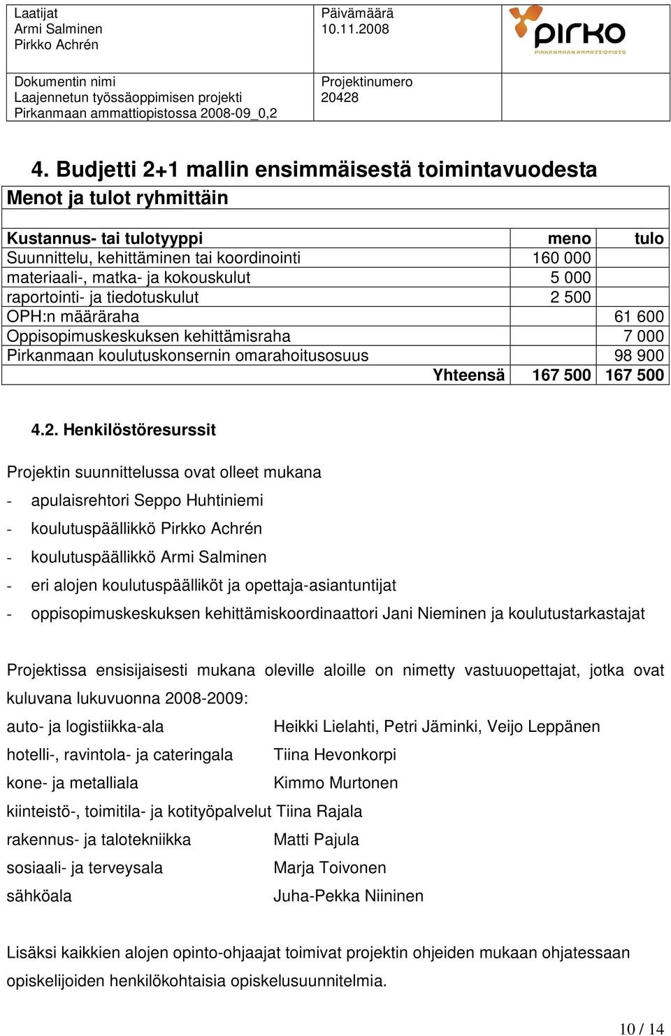 2. Henkilöstöresurssit Projektin suunnittelussa ovat olleet mukana - apulaisrehtori Seppo Huhtiniemi - koulutuspäällikkö - koulutuspäällikkö - eri alojen koulutuspäälliköt ja opettaja-asiantuntijat -