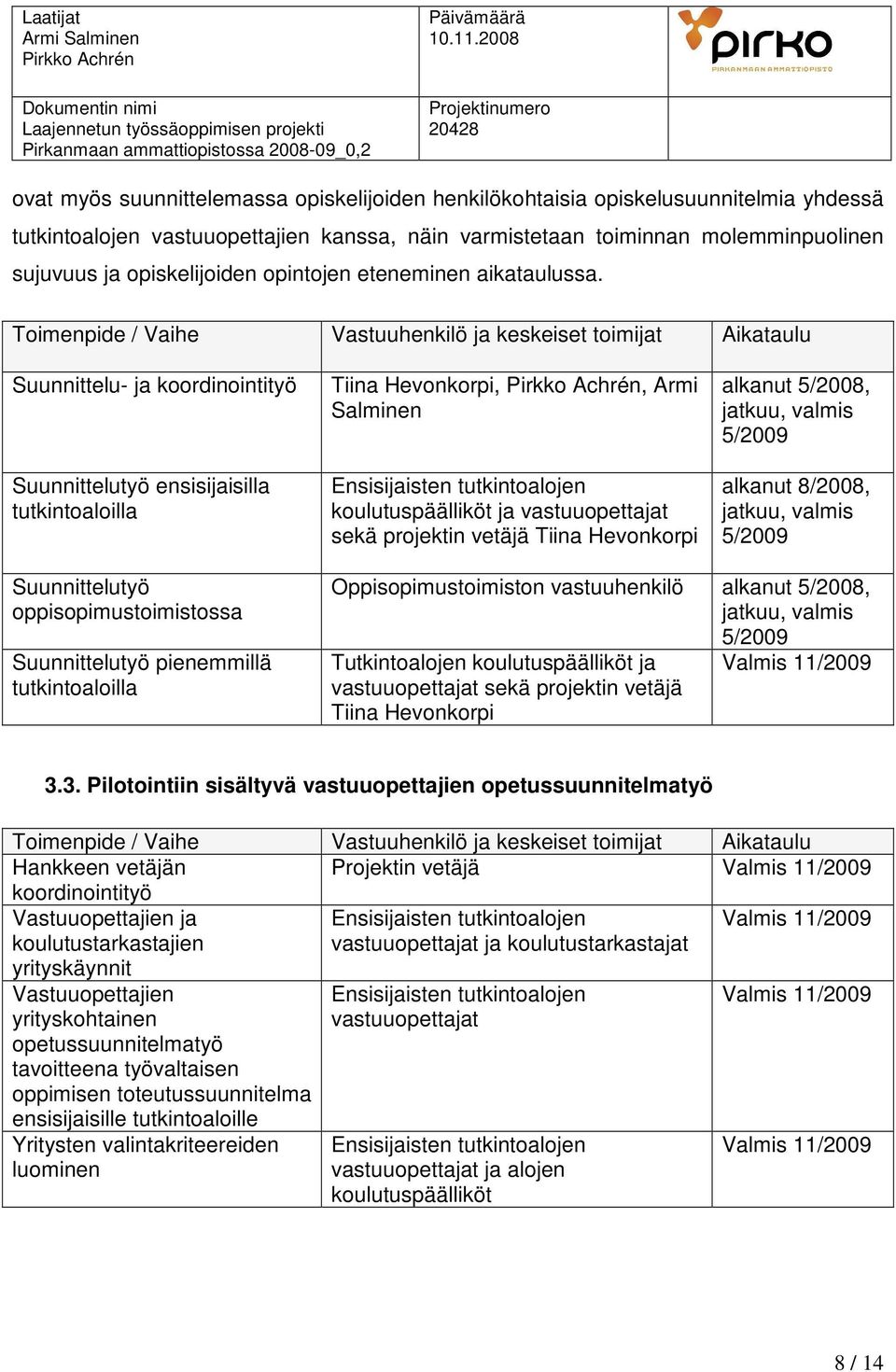 Toimenpide / Vaihe Vastuuhenkilö ja keskeiset toimijat Aikataulu Suunnittelu- ja koordinointityö Suunnittelutyö ensisijaisilla tutkintoaloilla Tiina Hevonkorpi,, Armi Salminen Ensisijaisten