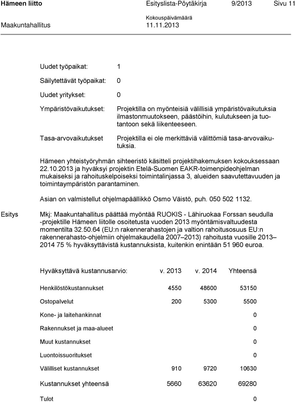 Hämeen yhteistyöryhmän sihteeristö käsitteli projektihakemuksen kokouksessaan 22.10.