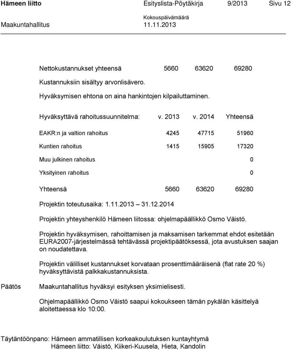 2014 Yhteensä EAKR:n ja valtion rahoitus 4245 47715 51960 Kuntien rahoitus 1415 15905 17320 Muu julkinen rahoitus 0 Yksityinen rahoitus 0 Yhteensä 5660 63620 69280 Projektin toteutusaika: 1.11.