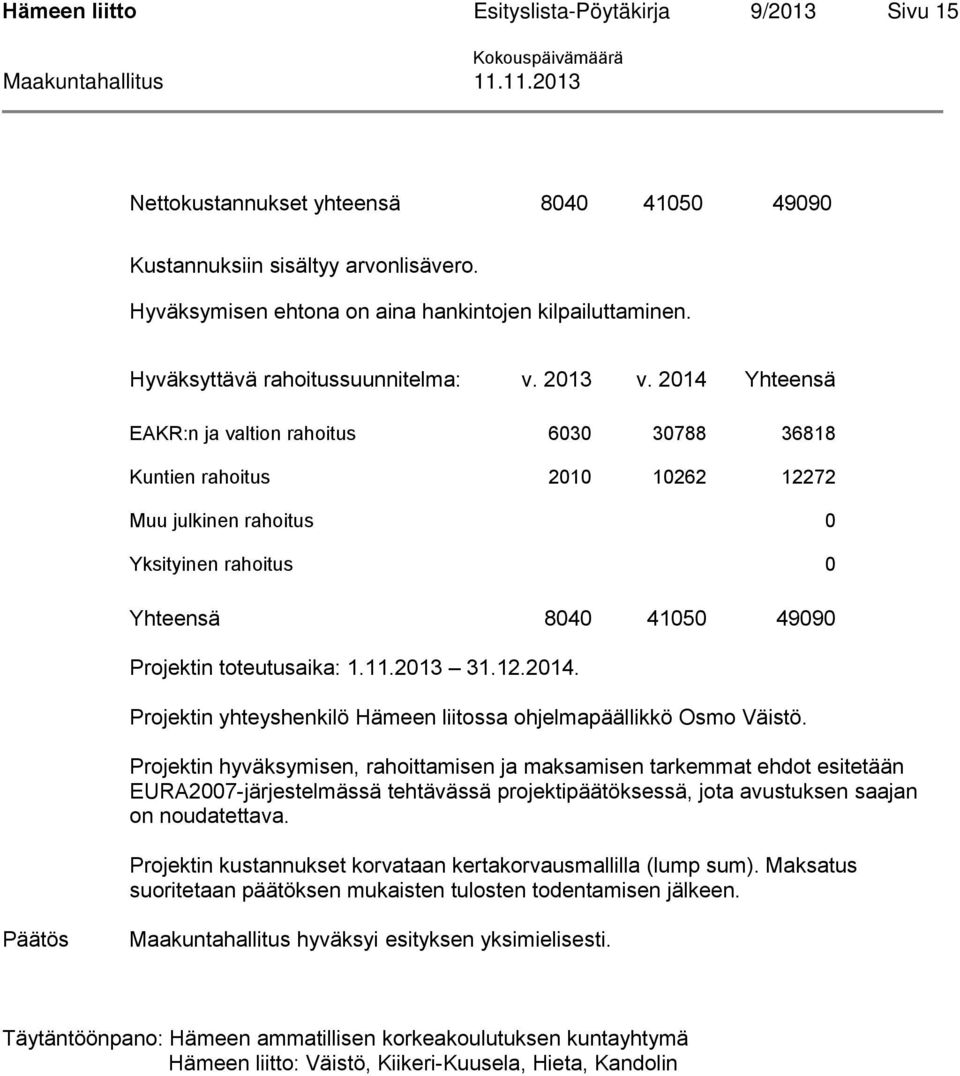 2014 Yhteensä EAKR:n ja valtion rahoitus 6030 30788 36818 Kuntien rahoitus 2010 10262 12272 Muu julkinen rahoitus 0 Yksityinen rahoitus 0 Yhteensä 8040 41050 49090 Projektin toteutusaika: 1.11.