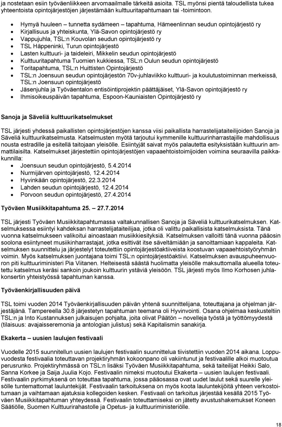 Häppeninki, Turun opintojärjestö Lasten kulttuuri- ja taideleiri, Mikkelin seudun opintojärjestö Kulttuuritapahtuma Tuomien kukkiessa, TSL:n Oulun seudun opintojärjestö Toritapahtuma, TSL:n