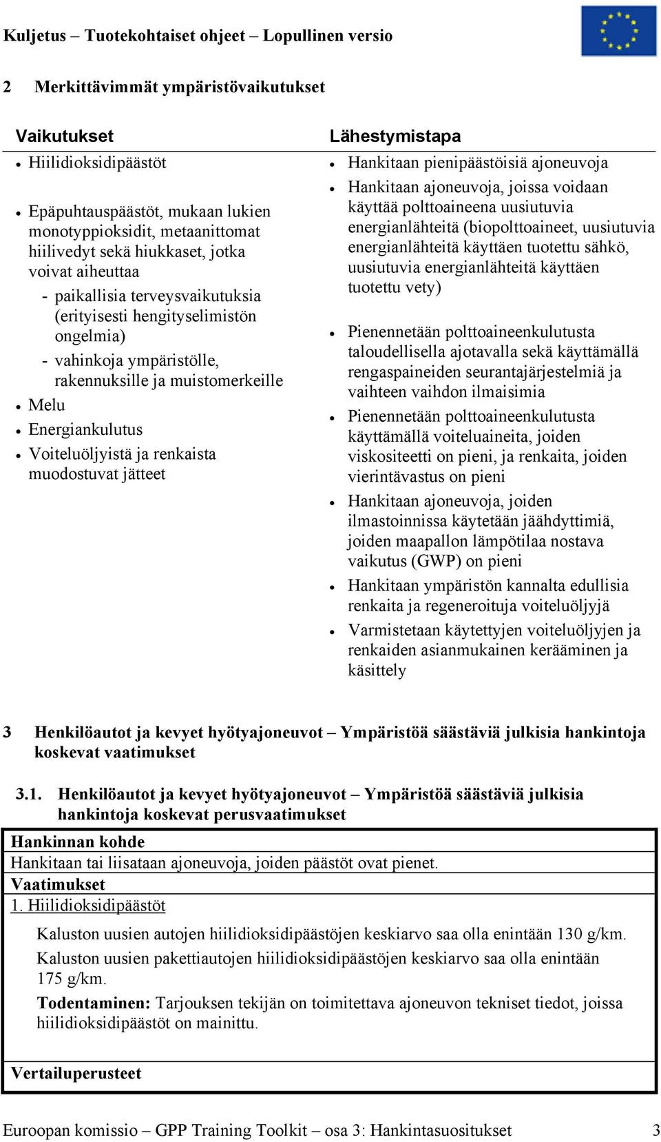 Lähestymistapa Hankitaan pienipäästöisiä ajoneuvoja Hankitaan ajoneuvoja, joissa voidaan käyttää polttoaineena uusiutuvia energianlähteitä (biopolttoaineet, uusiutuvia energianlähteitä käyttäen