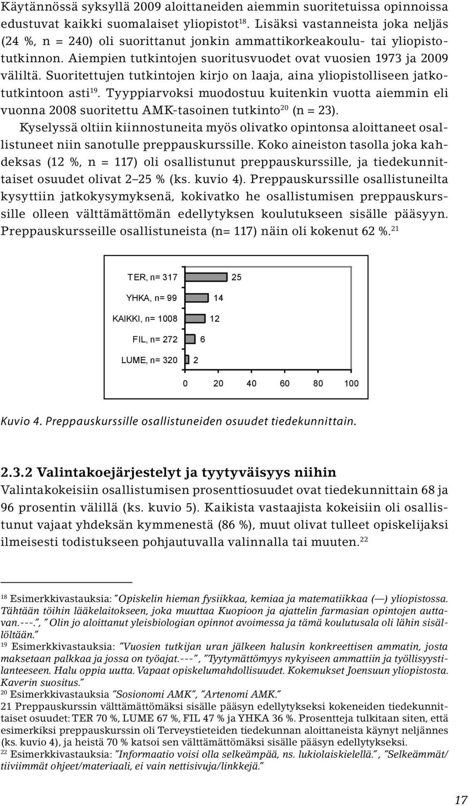 Suoritettujen tutkintojen kirjo on laaja, aina yliopistolliseen jatkotutkintoon asti 19. Tyyppiarvoksi muodostuu kuitenkin vuotta aiemmin eli vuonna 2008 suoritettu AMK-tasoinen tutkinto 20 (n = 23).