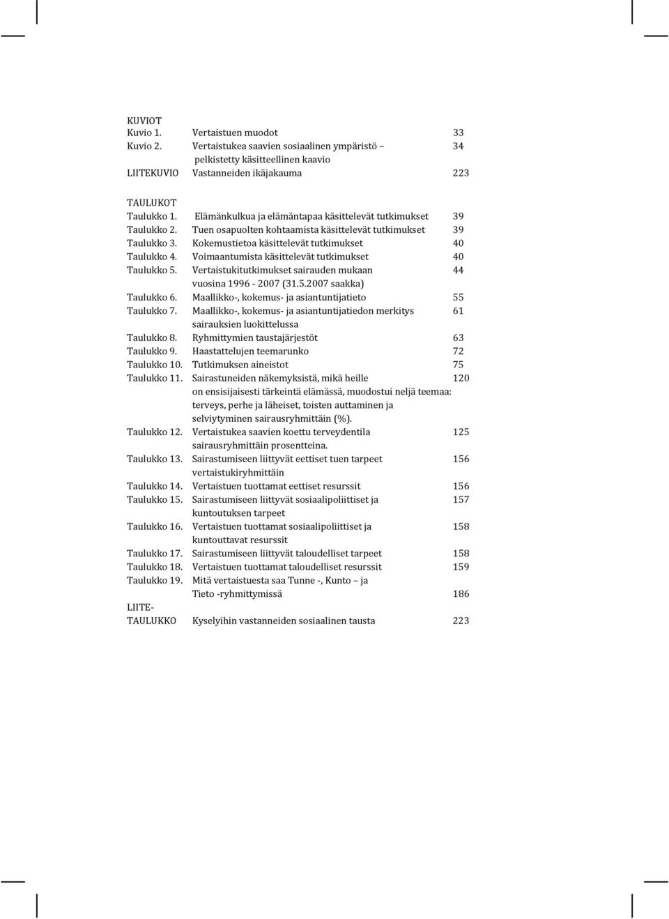 Voimaantumista käsittelevät tutkimukset 40 Taulukko 5. Vertaistukitutkimukset sairauden mukaan 44 vuosina 1996-2007 (31.5.2007 saakka) Taulukko 6.