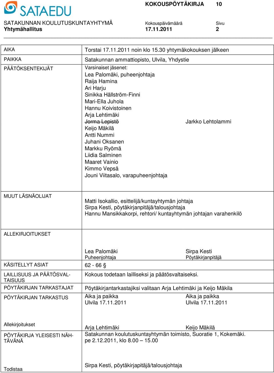 Koivistoinen Arja Lehtimäki Jorma Lepistö Keijo Mäkilä Antti Nummi Juhani Oksanen Markku Ryömä Liidia Salminen Maaret Vainio Kimmo Vepsä Jouni Viitasalo, varapuheenjohtaja Jarkko Lehtolammi MUUT
