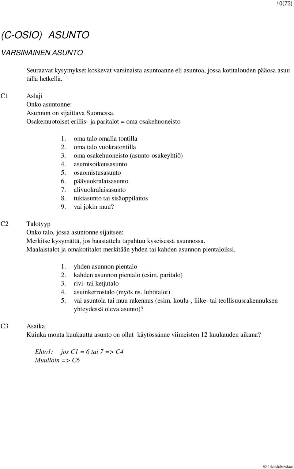 oma osakehuoneisto (asunto-osakeyhtiö) 4. asumisoikeusasunto 5. osaomistusasunto 6. päävuokralaisasunto 7. alivuokralaisasunto 8. tukiasunto tai sisäoppilaitos 9. vai jokin muu?