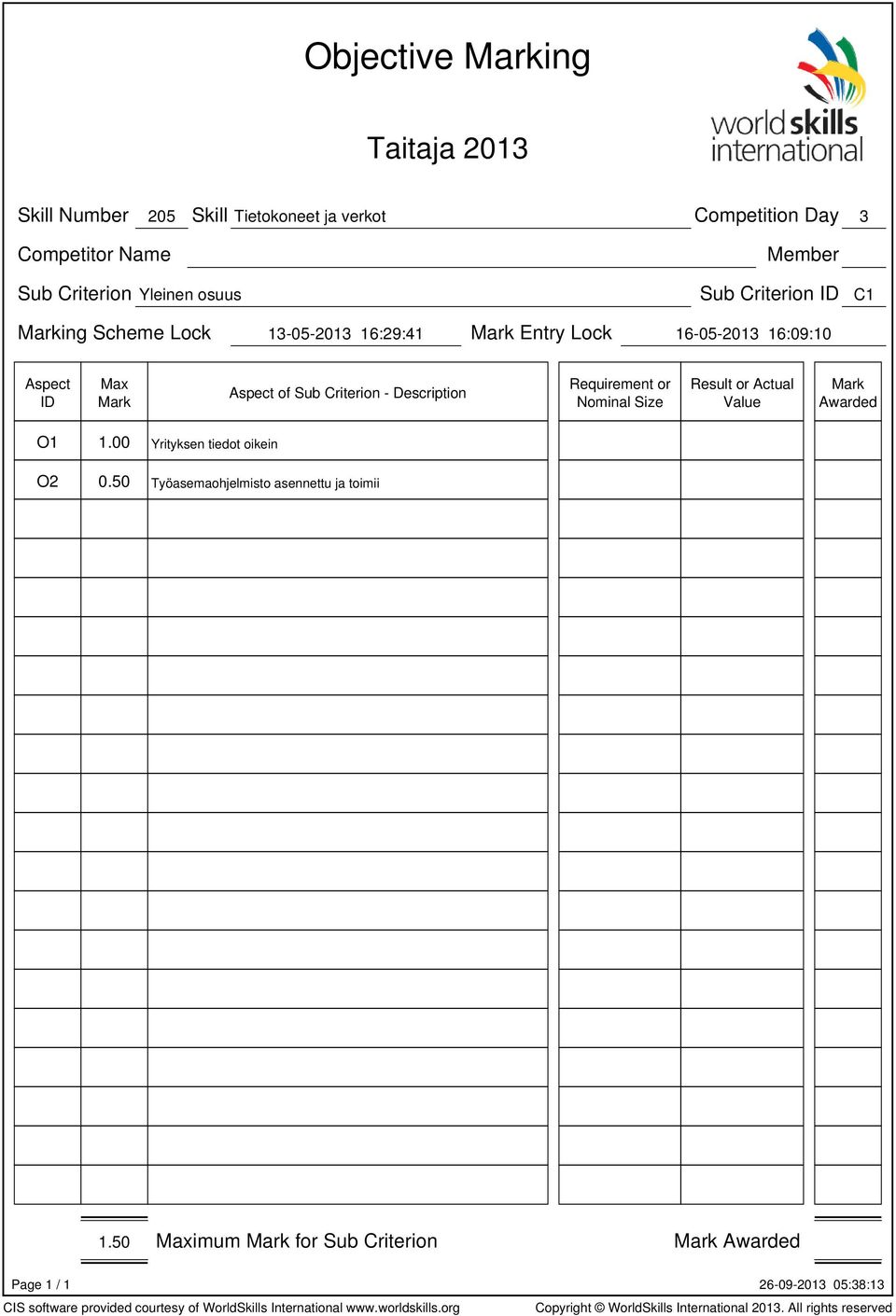 Lock 16-05-2013 16:09:10 of Sub Criterion - Description Result or O1 1.