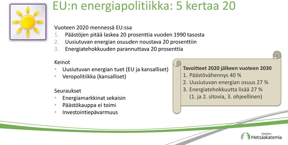Energiatehokkuuden parannuttava 20 prosenttia Keinot Uusiutuvan energian tuet (EU ja kansalliset) Veropolitiikka (kansalliset) Seuraukset