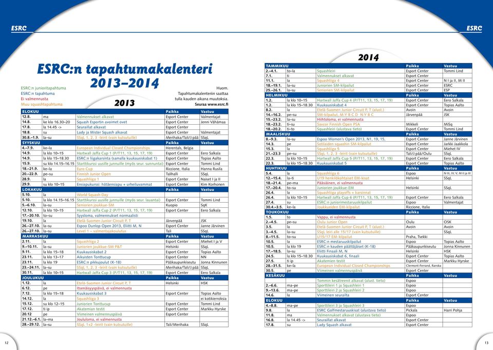 45 -> Seuraillat alkavat Esport Center 18.8. su Lady ja Mister Squash alkavat Esport Center Valmentajat 30.8. 1.9.