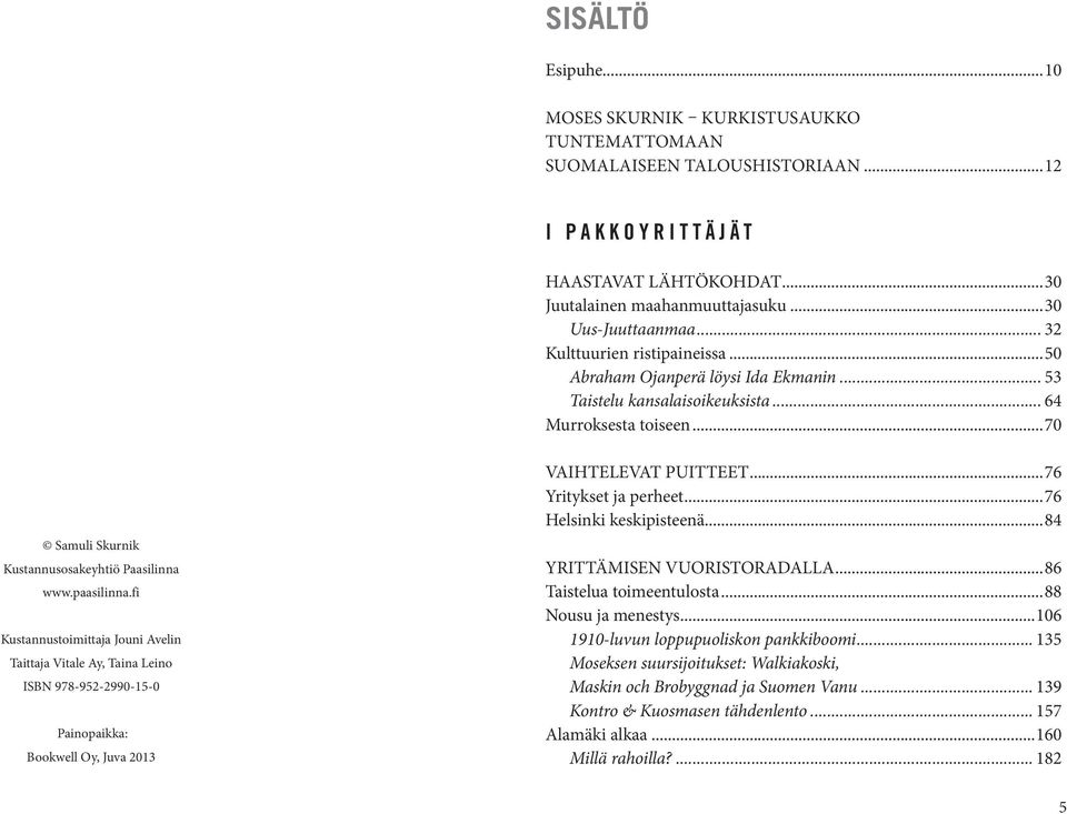 paasilinna.fi Kustannustoimittaja Jouni Avelin Taittaja Vitale Ay, Taina Leino ISBN 978-952-2990-15-0 Painopaikka: Bookwell Oy, Juva 2013 VAIHTELEVAT PUITTEET...76 Yritykset ja perheet.