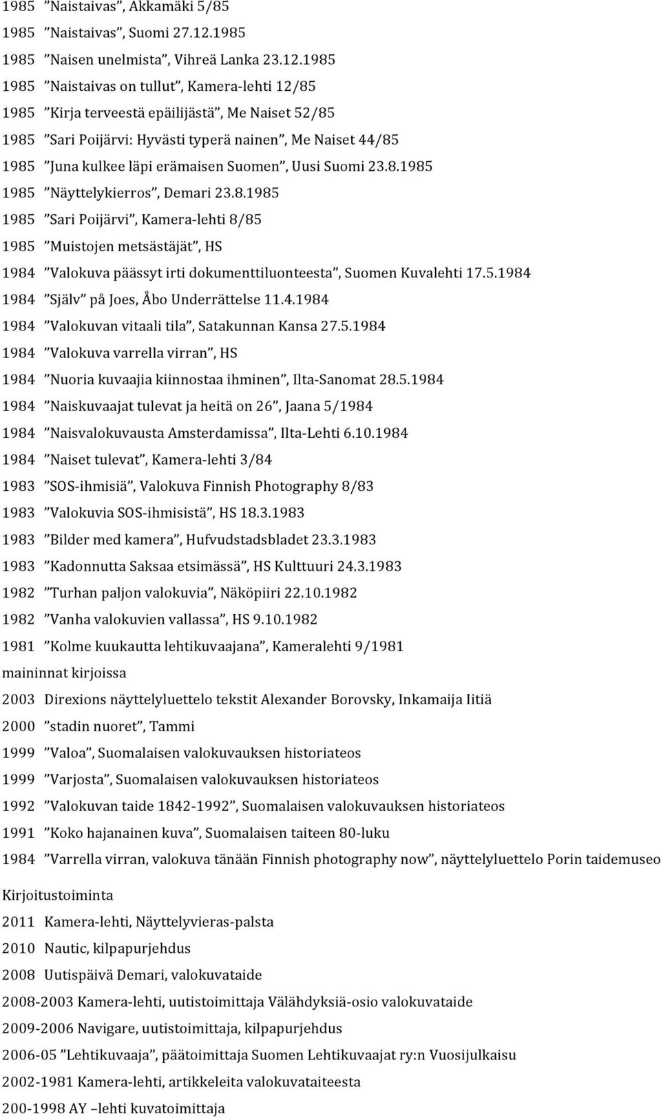 1985 1985 Naistaivas on tullut, Kamera- lehti 12/85 1985 Kirja terveestä epäilijästä, Me Naiset 52/85 1985 Sari Poijärvi: Hyvästi typerä nainen, Me Naiset 44/85 1985 Juna kulkee läpi erämaisen