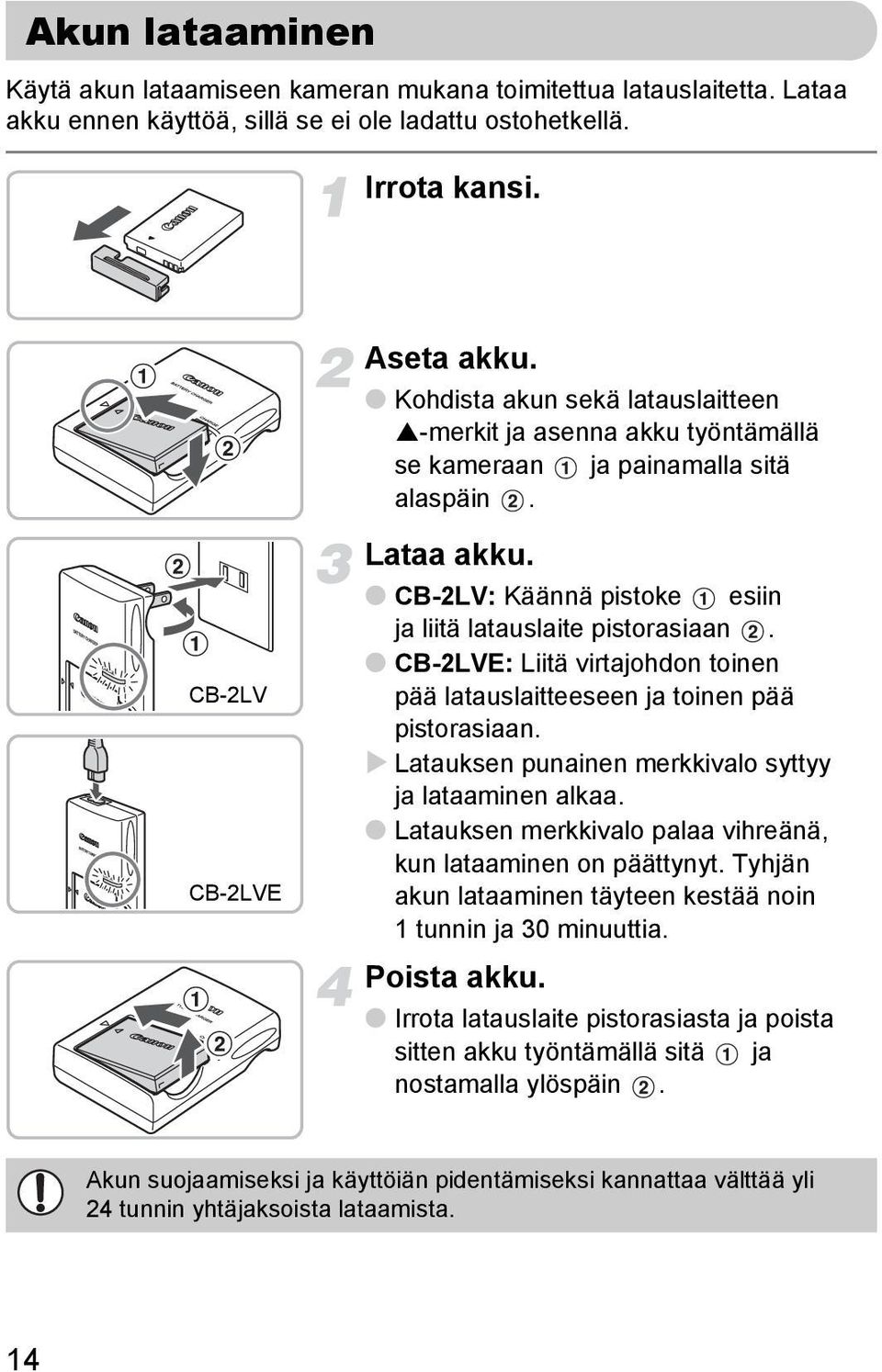 CB-2LVE: Liitä virtajohdon toinen pää latauslaitteeseen ja toinen pää pistorasiaan. Latauksen punainen merkkivalo syttyy ja lataaminen alkaa.