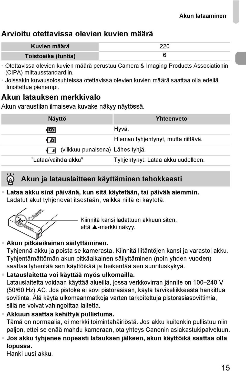 Näyttö Yhteenveto Hyvä. Hieman tyhjentynyt, mutta riittävä. (vilkkuu punaisena) Lähes tyhjä. Lataa/vaihda akku Tyhjentynyt. Lataa akku uudelleen.