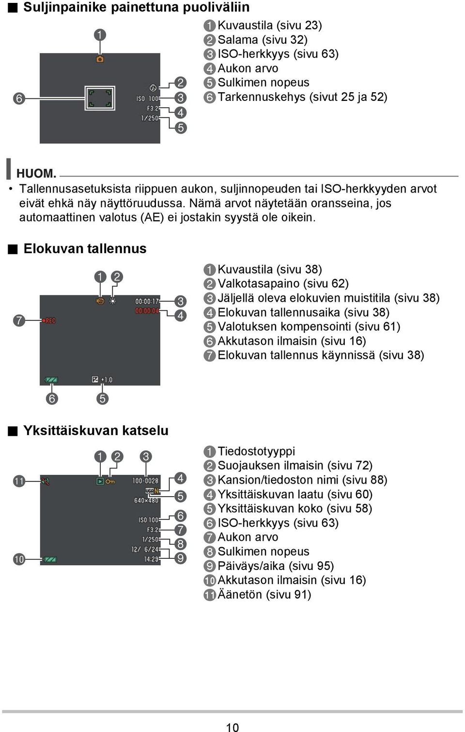 . Elokuvan tallennus 7 12 3 4 Kuvaustila (sivu 38) Valkotasapaino (sivu 62) Jäljellä oleva elokuvien muistitila (sivu 38) Elokuvan tallennusaika (sivu 38) Valotuksen kompensointi (sivu 61) Akkutason