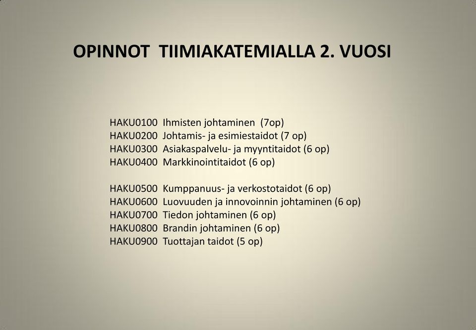 Asiakaspalvelu- ja myyntitaidot (6 op) HAKU0400 Markkinointitaidot (6 op) HAKU0500 Kumppanuus- ja