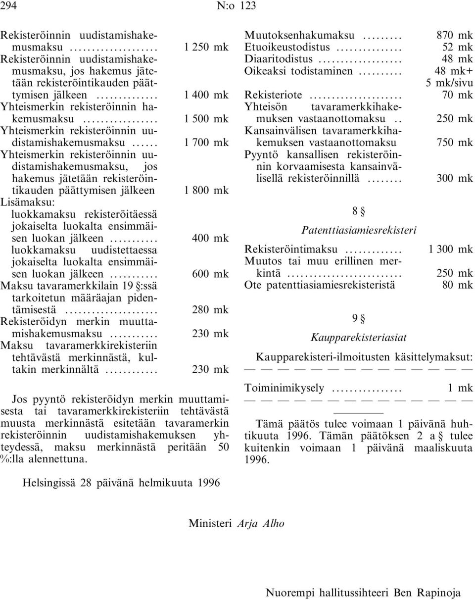 .. 1700 mk Yhteismerkin rekisteröinnin uudistamishakemusmaksu, jos hakemus jätetään rekisteröintikauden päättymisen jälkeen 1 800 mk Lisämaksu: luokkamaksu rekisteröitäessä jokaiselta luokalta