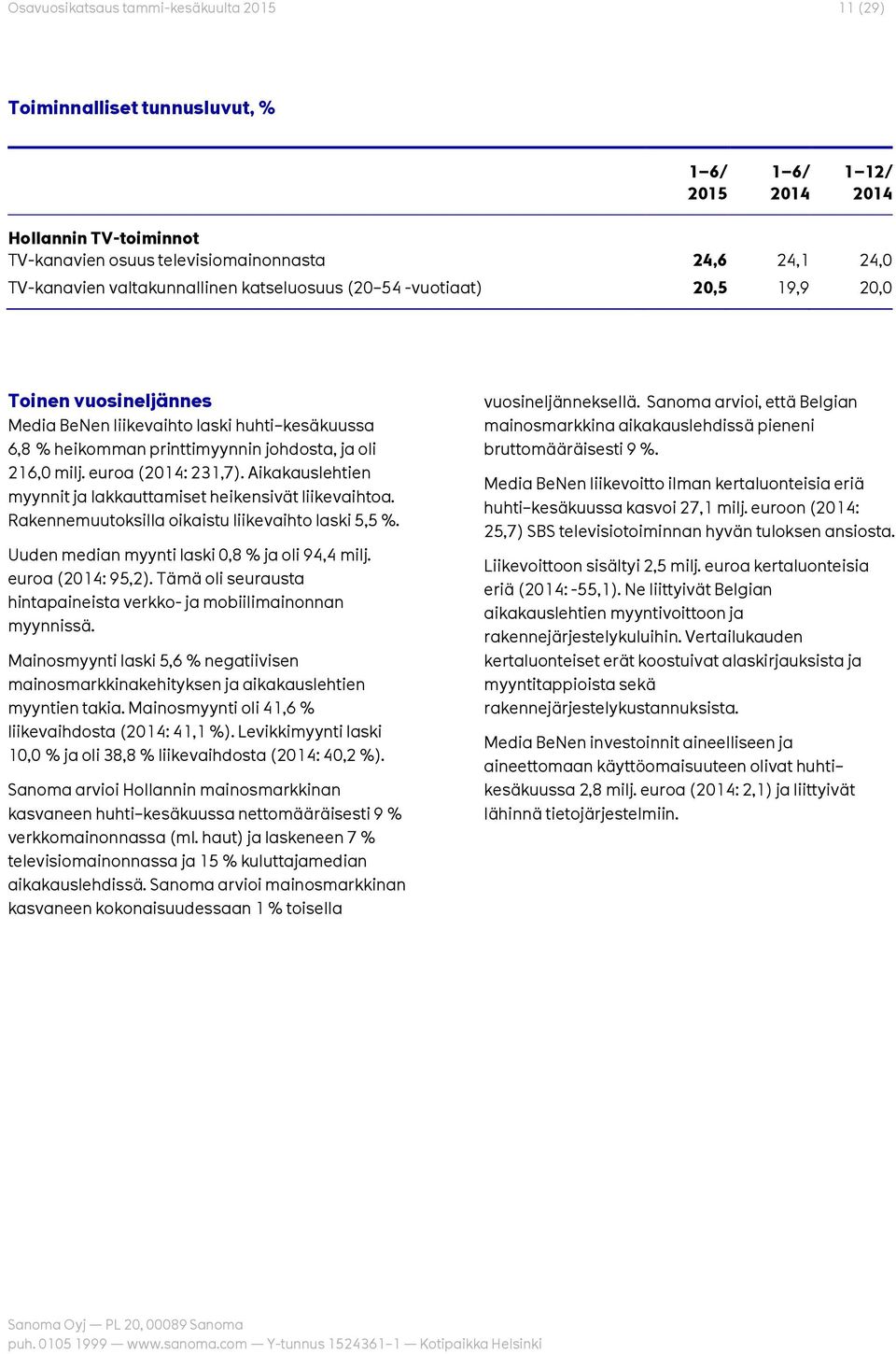 euroa (2014: 231,7). Aikakauslehtien myynnit ja lakkauttamiset heikensivät liikevaihtoa. Rakennemuutoksilla oikaistu liikevaihto laski 5,5 %. Uuden median myynti laski 0,8 % ja oli 94,4 milj.