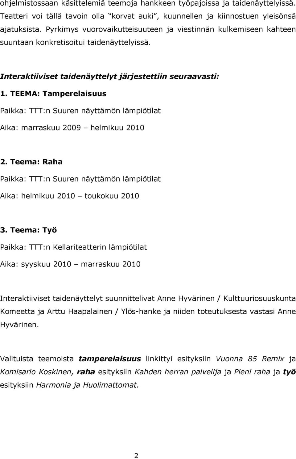 TEEMA: Tamperelaisuus Paikka: TTT:n Suuren näyttämön lämpiötilat Aika: marraskuu 2009 helmikuu 2010 2. Teema: Raha Paikka: TTT:n Suuren näyttämön lämpiötilat Aika: helmikuu 2010 toukokuu 2010 3.