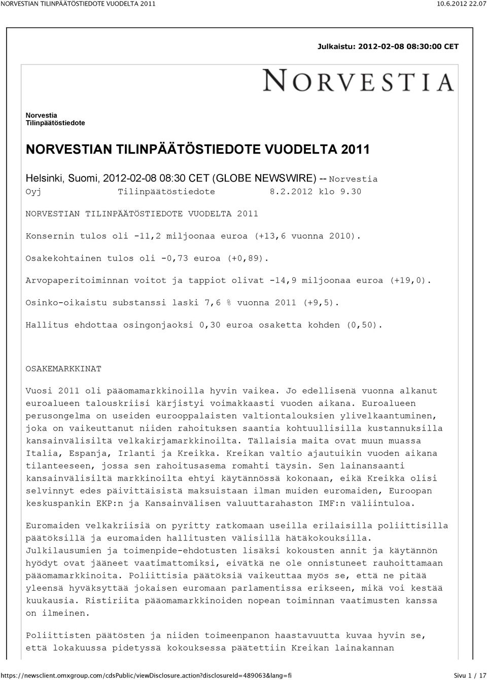 Arvopaperitoiminnan voitot ja tappiot olivat -14,9 miljoonaa euroa (+19,0). Osinko-oikaistu substanssi laski 7,6 % vuonna 2011 (+9,5).