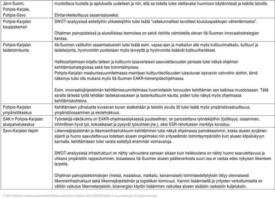 SWOT-analyysissä esitettyihin uhkatekijöihin tulisi lisätä valtakunnalliset tavoitteet koulutuspaikkojen vähentämiseksi.