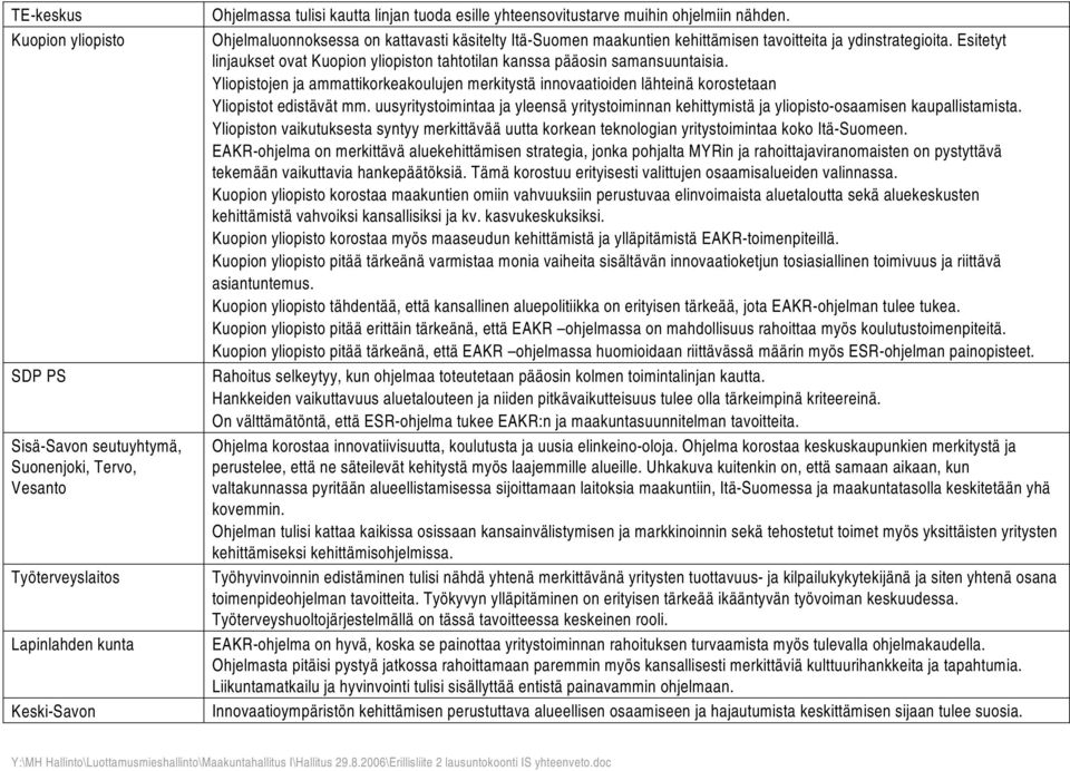 Esitetyt linjaukset ovat Kuopion yliopiston tahtotilan kanssa pääosin samansuuntaisia. Yliopistojen ja ammattikorkeakoulujen merkitystä innovaatioiden lähteinä korostetaan Yliopistot edistävät mm.