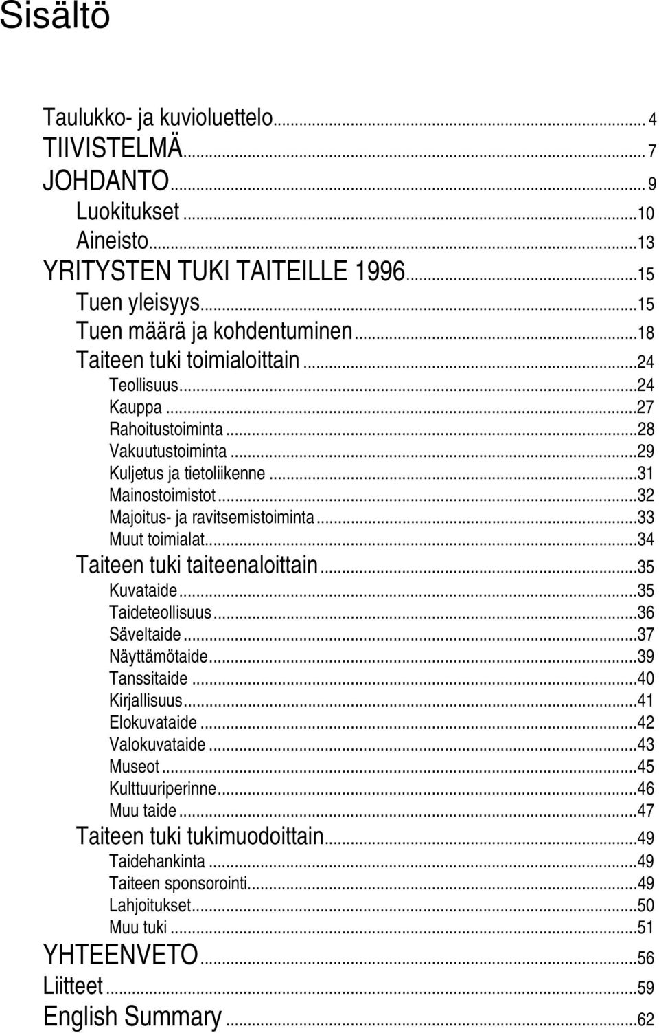 ..33 Muut toimialat...34 Taiteen tuki taiteenaloittain...35 Kuvataide...35 Taideteollisuus...36 Säveltaide...37 Näyttämötaide...39 Tanssitaide...4 Kirjallisuus...41 Elokuvataide...42 Valokuvataide.