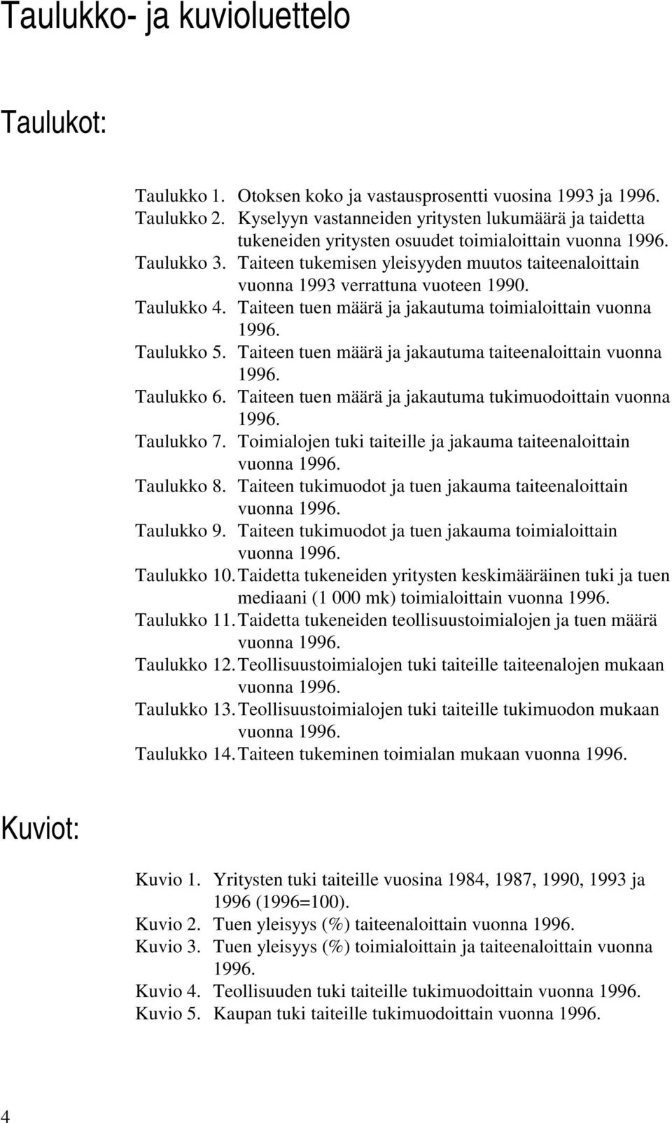 Taiteen tukemisen yleisyyden muutos taiteenaloittain vuonna 1993 verrattuna vuoteen 199. Taulukko 4. Taiteen tuen määrä ja jakautuma toimialoittain vuonna 1996. Taulukko 5.