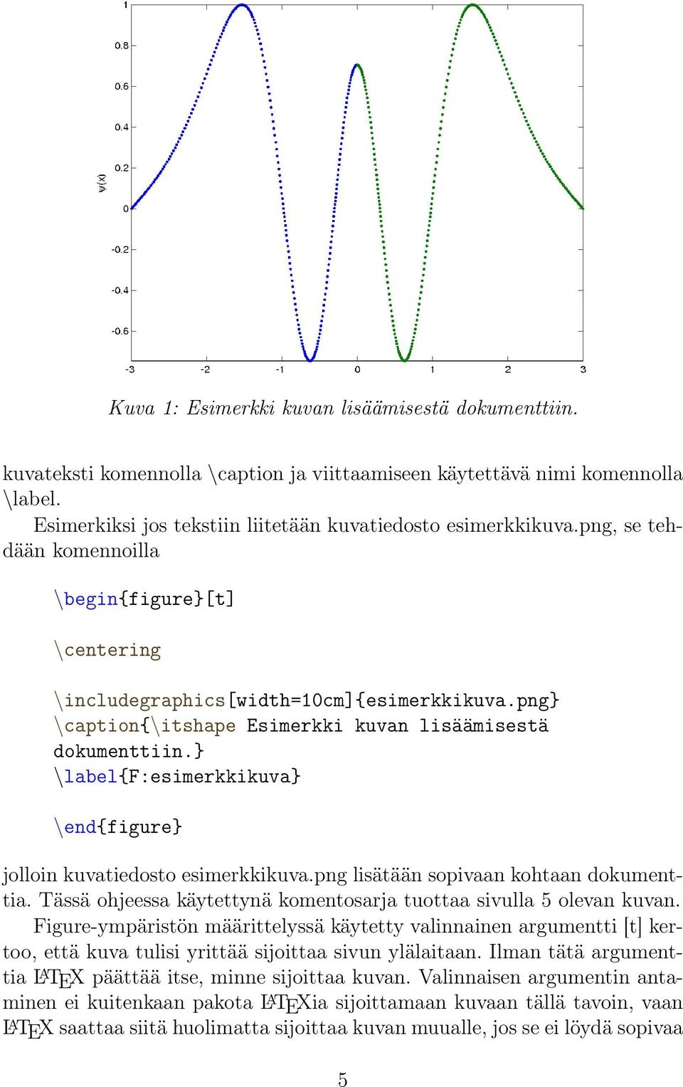 } \label{f:esimerkkikuva} \end{figure} jolloin kuvatiedosto esimerkkikuva.png lisätään sopivaan kohtaan dokumenttia. Tässä ohjeessa käytettynä komentosarja tuottaa sivulla 5 olevan kuvan.