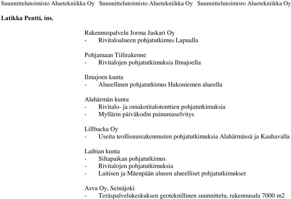 Lillbacka Oy - Useita teollisuusrakennusten pohjatutkimuksia Alahärmässä ja Kauhavalla Laihian kunta - Siltapaikan pohjatutkimus - Rivitalojen