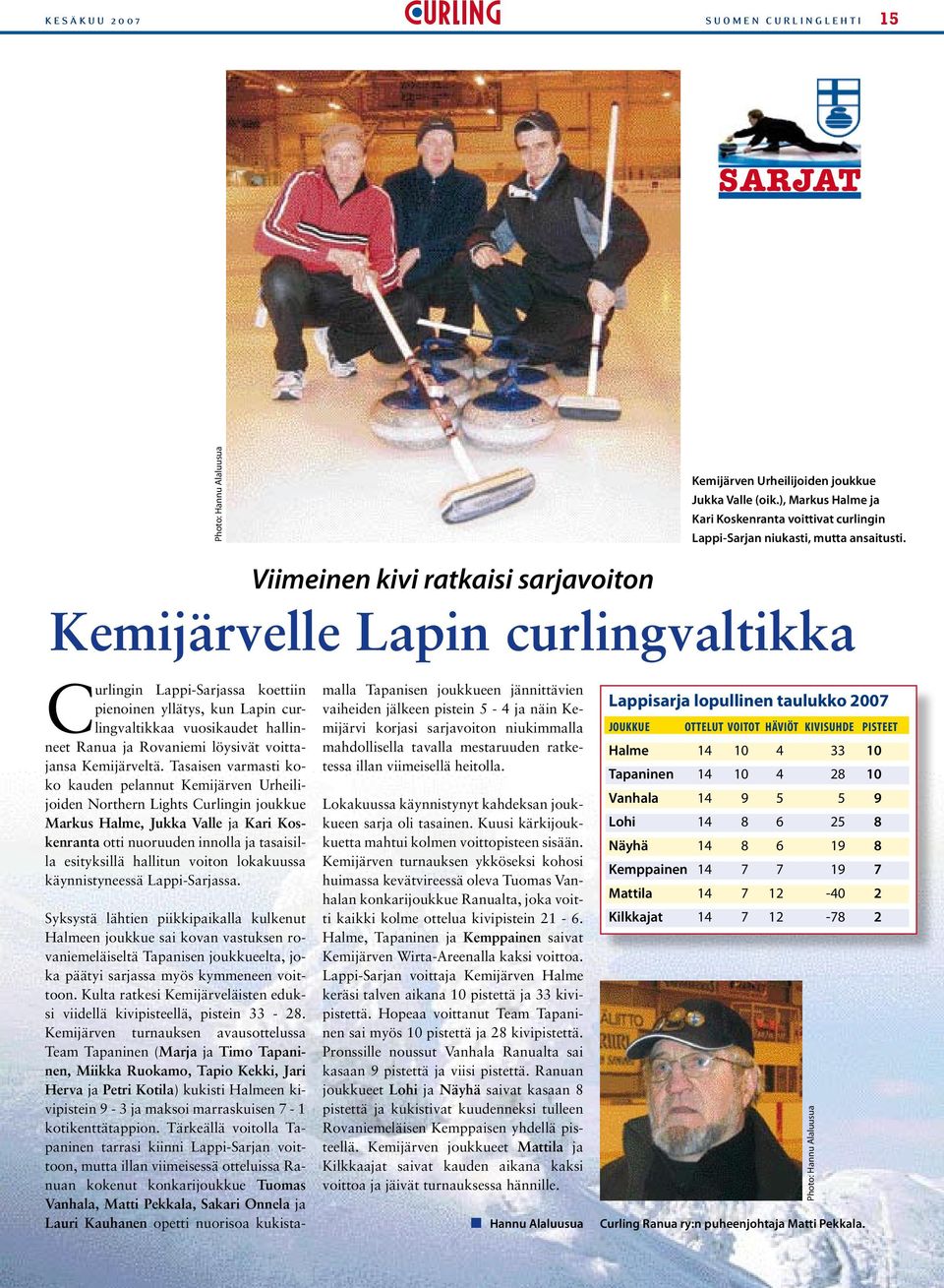 Viimeinen kivi ratkaisi sarjavoiton Kemijärvelle Lapin curlingvaltikka Curlingin Lappi-Sarjassa koettiin pienoinen yllätys, kun Lapin curlingvaltikkaa vuosikaudet hallinneet Ranua ja Rovaniemi