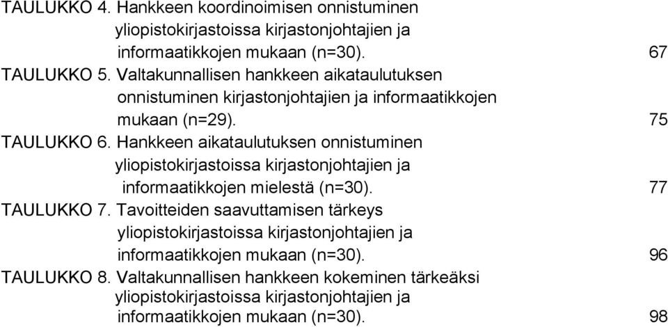 Hankkeen aikataulutuksen onnistuminen yliopistokirjastoissa kirjastonjohtajien ja informaatikkojen mielestä (n=30). 77 TAULUKKO 7.