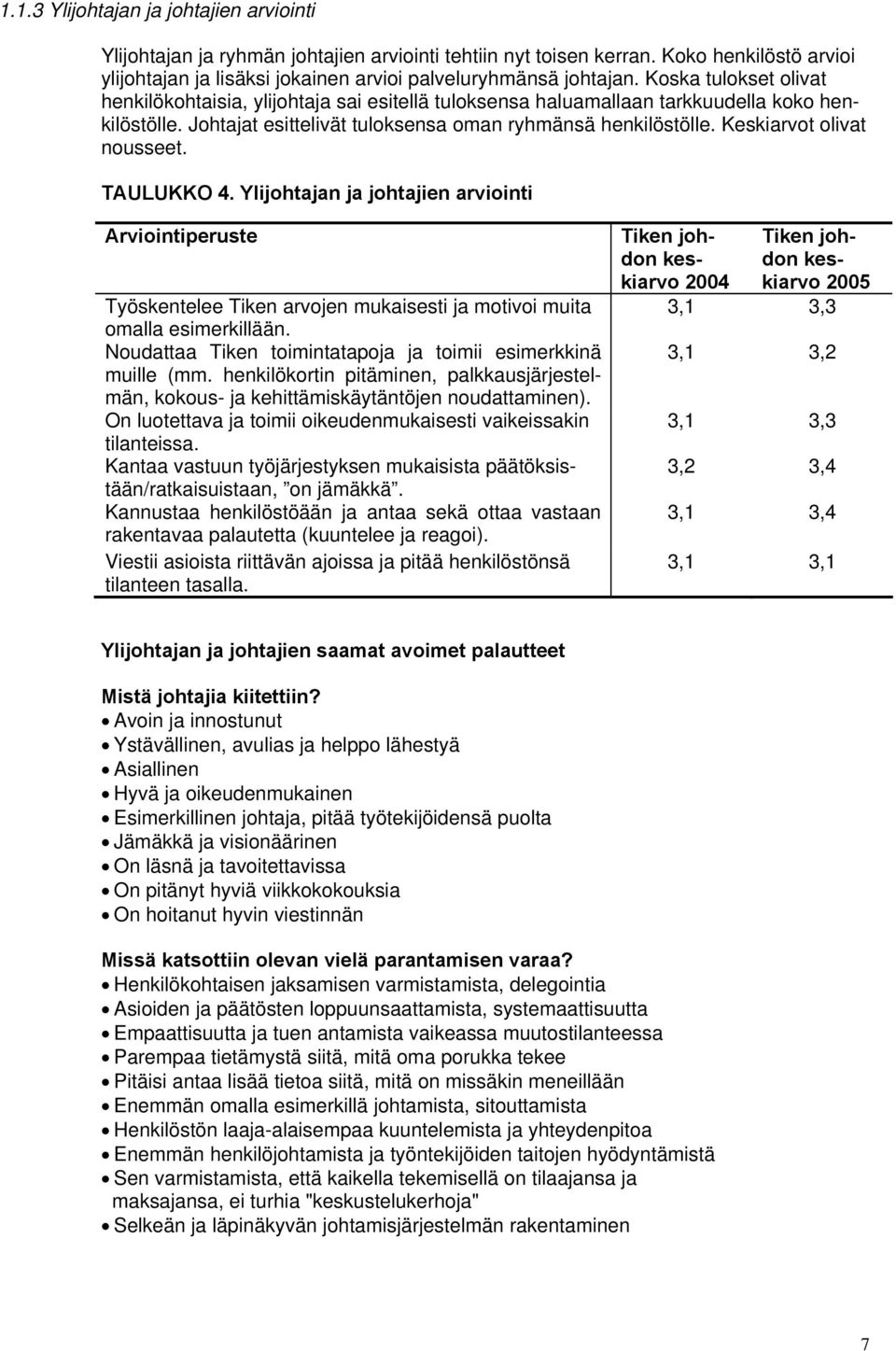 Keskiarvot olivat nousseet. TAULUKKO 4. Ylijohtajan ja johtajien arviointi Arviointiperuste Työskentelee Tiken arvojen mukaisesti ja motivoi muita omalla esimerkillään.