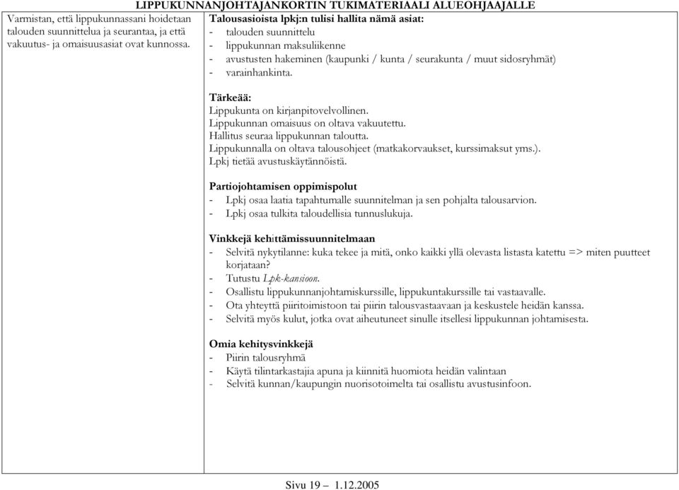 Lippukunnan omaisuus on oltava vakuutettu. Hallitus seuraa lippukunnan taloutta. Lippukunnalla on oltava talousohjeet (matkakorvaukset, kurssimaksut yms.). Lpkj tietää avustuskäytännöistä.