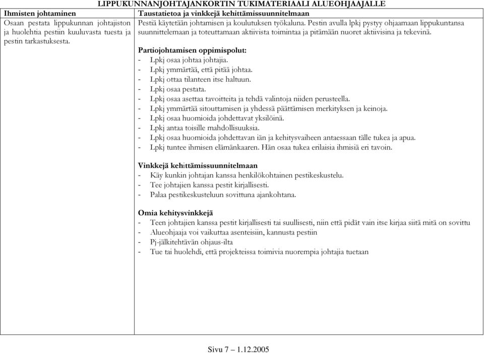 Pestin avulla lpkj pystyy ohjaamaan lippukuntansa suunnittelemaan ja toteuttamaan aktiivista toimintaa ja pitämään nuoret aktiivisina ja tekevinä. - Lpkj osaa johtaa johtajia.