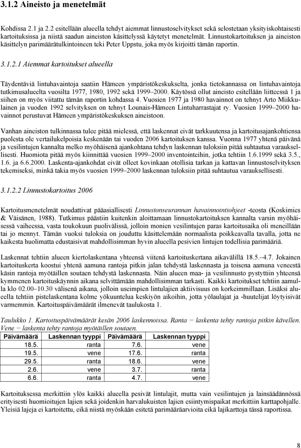 Linnustokartoituksen ja aineiston käsittelyn parimäärätulkintoineen teki Peter Uppstu, joka myös kirjoitti tämän raportin. 3.1.2.